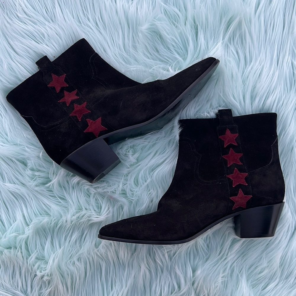 YSL Black Ankle Boots with Red Star Accents